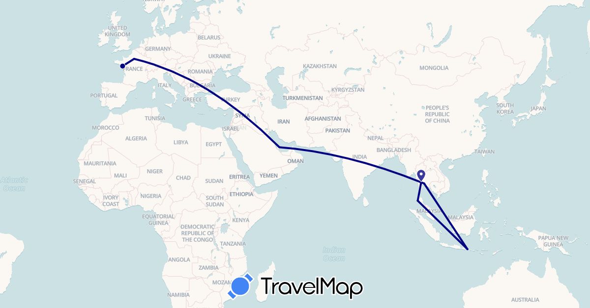 TravelMap itinerary: driving in France, Indonesia, Qatar, Thailand (Asia, Europe)
